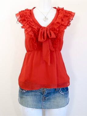 H&M Red Ruffle Tie-Front Sleeveless Blouse